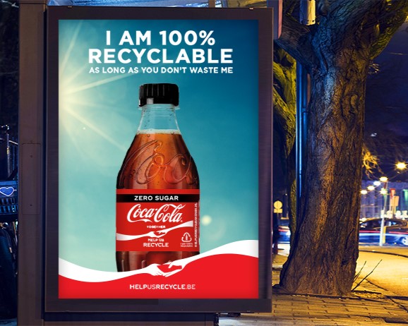 Bus shelter ad featuring a 100% recyclable botttle